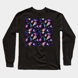 Watercolor Pink Nebula in Circles and Triangles on Polka Dot Background Long Sleeve T-Shirt